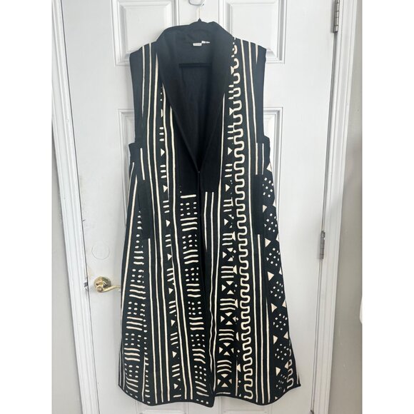 Handmade Jackets & Blazers - Black Sleeveless Mudcloth Vest With Bold Tribal Print & Open Front Design Small/